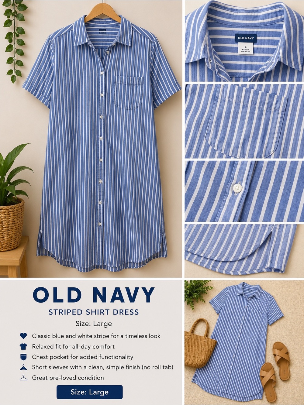 Old Navy Blue and White Striped Shirt Dress - Picture 1 of 4